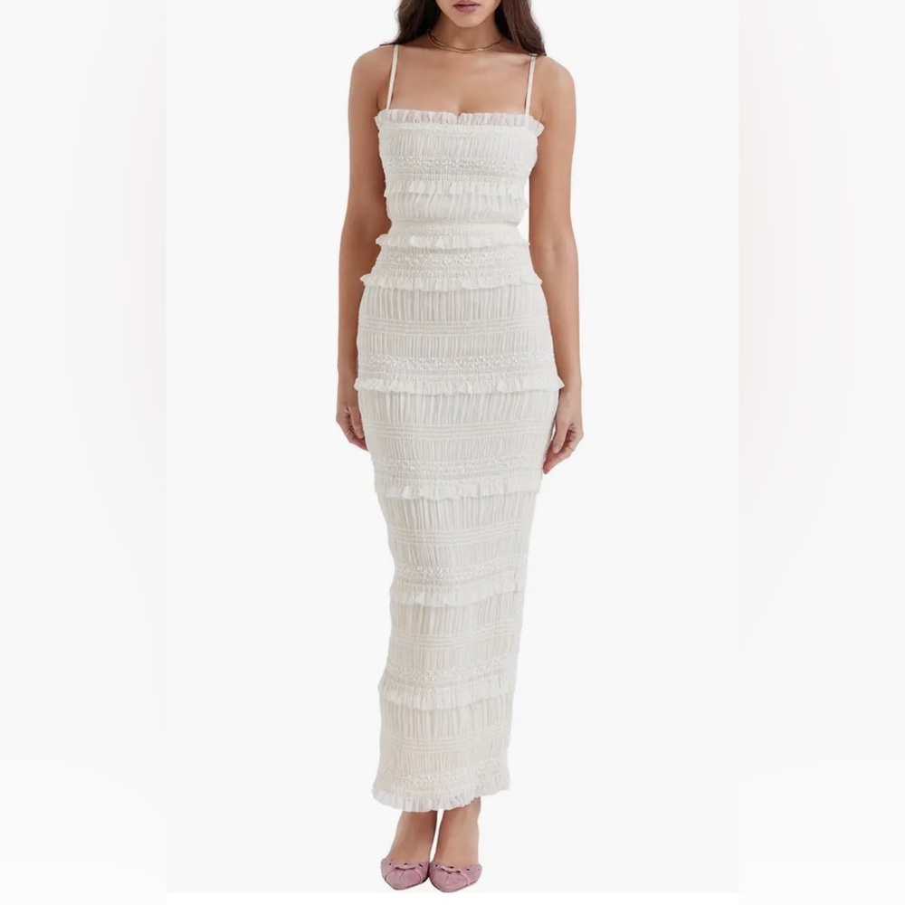 House of CB “Solana” Ivory Ruffle Pleated Sequined Detail Fitted Maxi Dress